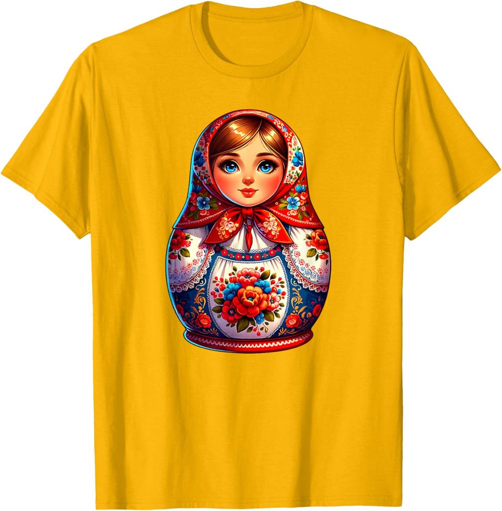 Matryoshka Doll Russian Folk Art Print Short Sleeve Graphic Tee Men Casual Breathable T-Shirt