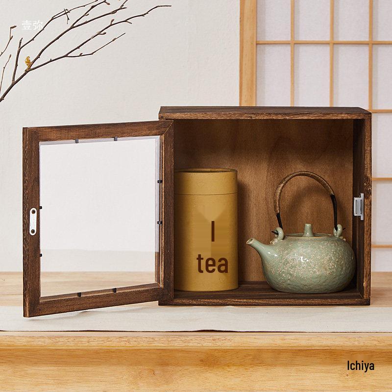 Solid Wood Tea Cup & Teapot Display Cabinet with Dustproof Storage Shelves and Mortise & Tenon Design