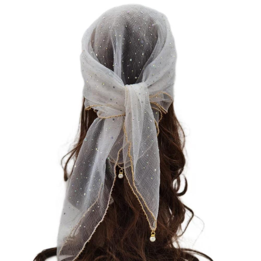 Pearl Tassel Rhinestone Square Scarf Hair Wrap Solid Color Full Sky Star Headwrap Lace Trim Breathable Fabric