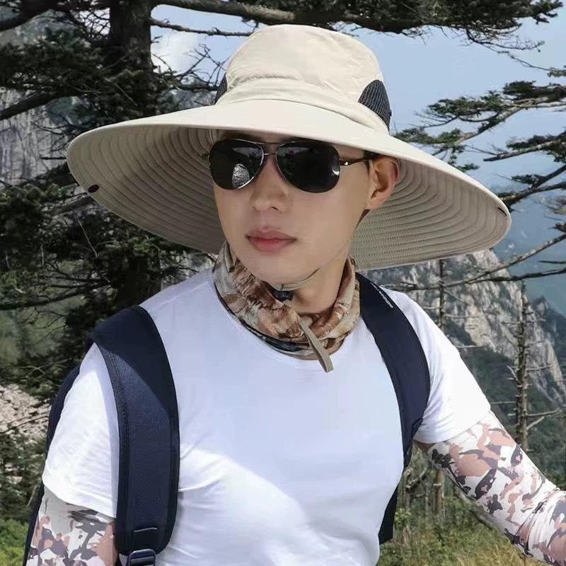 Large Brim Sunscreen Bucket Hat with Rope Women Summer Anti-Uv Sun Protection Hat Outdoor Men Foldable Adjust Hiking Fishing Cap
