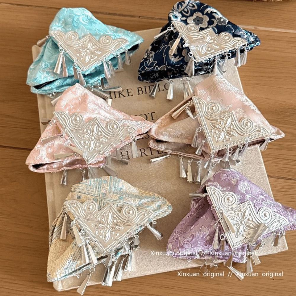 Cloth Satin Triangle Hair Claw Flower Bow Ethnic Style Hair Clip Large New Chinese Style Silver Tassel Shark Clip