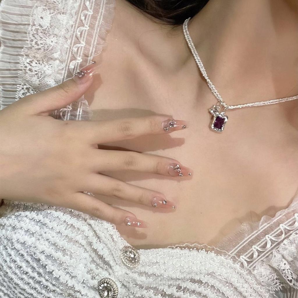 Silver Shiny Clavicle Chain Double-layer Necklace Square Pendant Replaceable for Six Colors Pendant Female Lover Gift