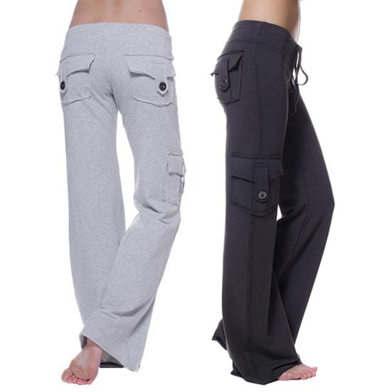 Női, egyszínű, több zsebes gombos Stretch jóganadrág Slim Fit sportnadrág
