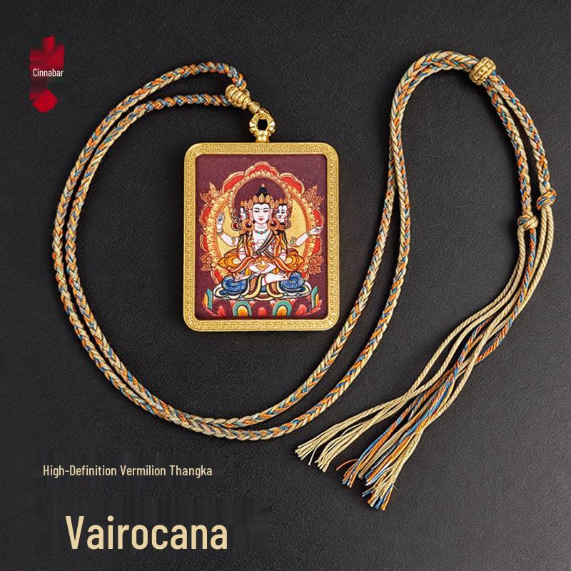 Zodiac Cinnabar Thangka Pendant - Eight Guardian Deities Amulet Box (Samantabhadra & Manjushri)