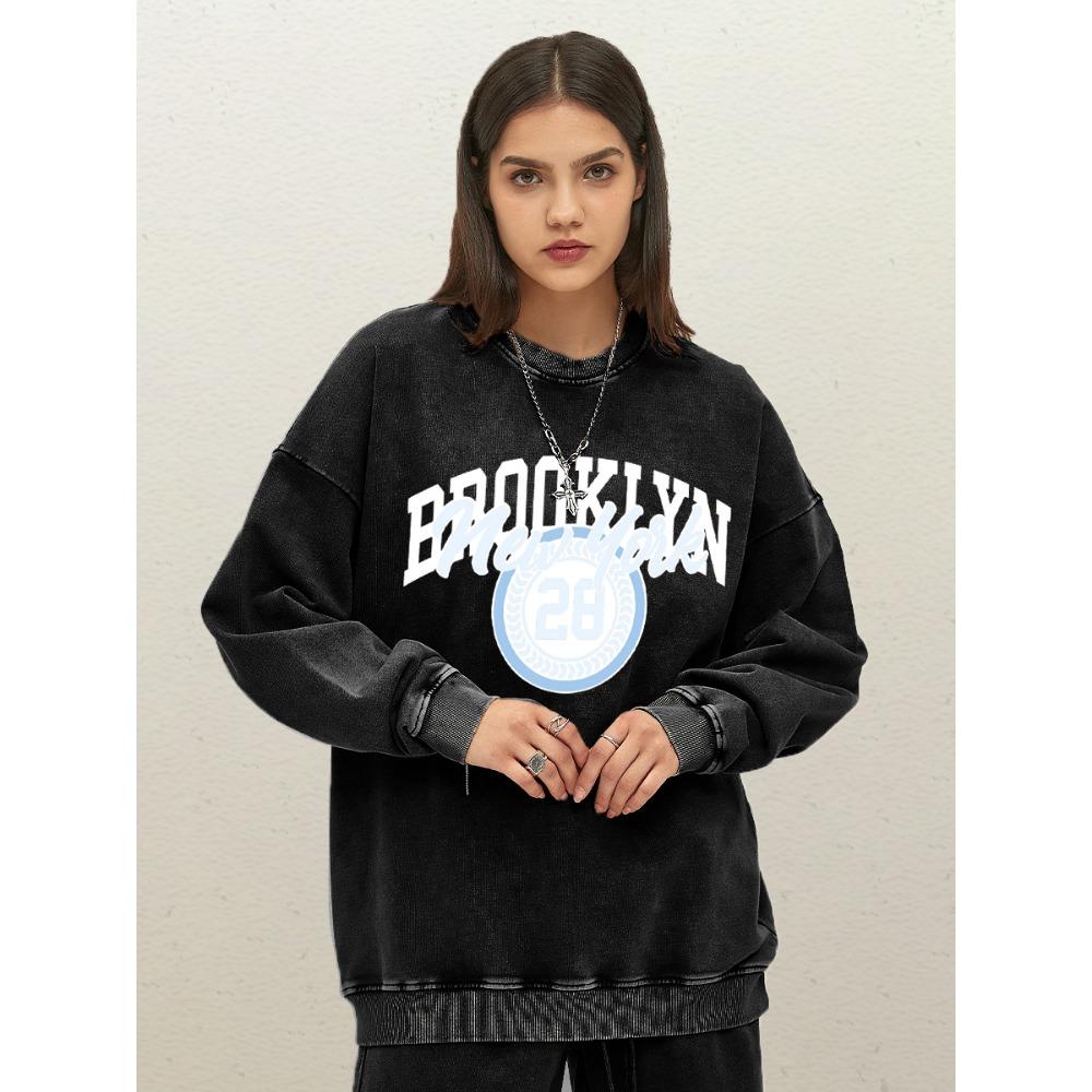 Brooklyn New York Art Letter Number 28 Printed Women Washed Sweatshirts Autumn Pullover Loose Cotton Sportswear