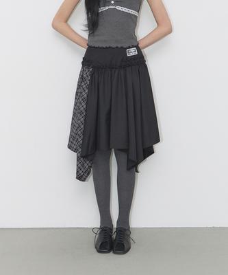 Iligo Check Color Block Midi Skirt Black