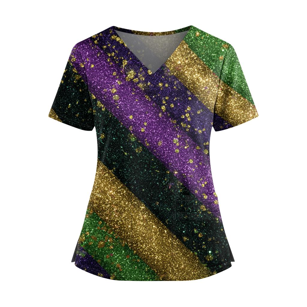 Women's Caregiver  Printed V-Neck Double Pocket Short Sleeves Hem Slit  Uniform Caregiver Top