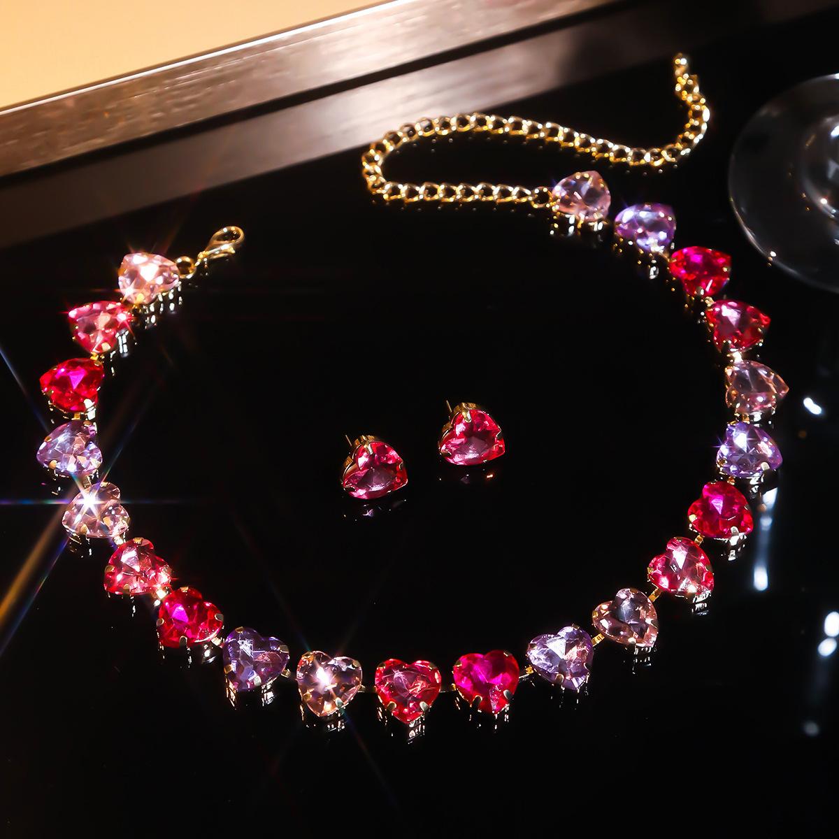 

FYUAN Сладкое розово-красное ожерелье с подвеской в виде сердца для женщин, серьги с кристаллами, свадебный банкет, наборы с цирконами