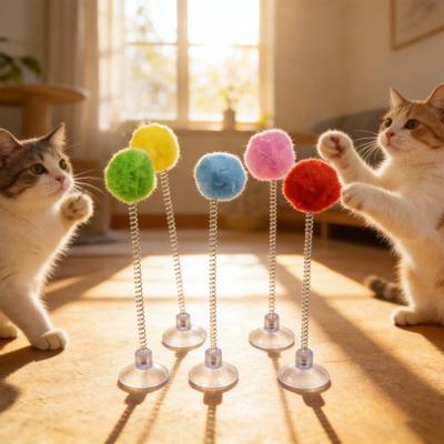 2Pcs Cat Spring Toy with Suction Cup Spring Plush Ball Cat Teaser Interactive Fluffy Pompom Cat Toy for Indoor Kitten Jumping Exercise