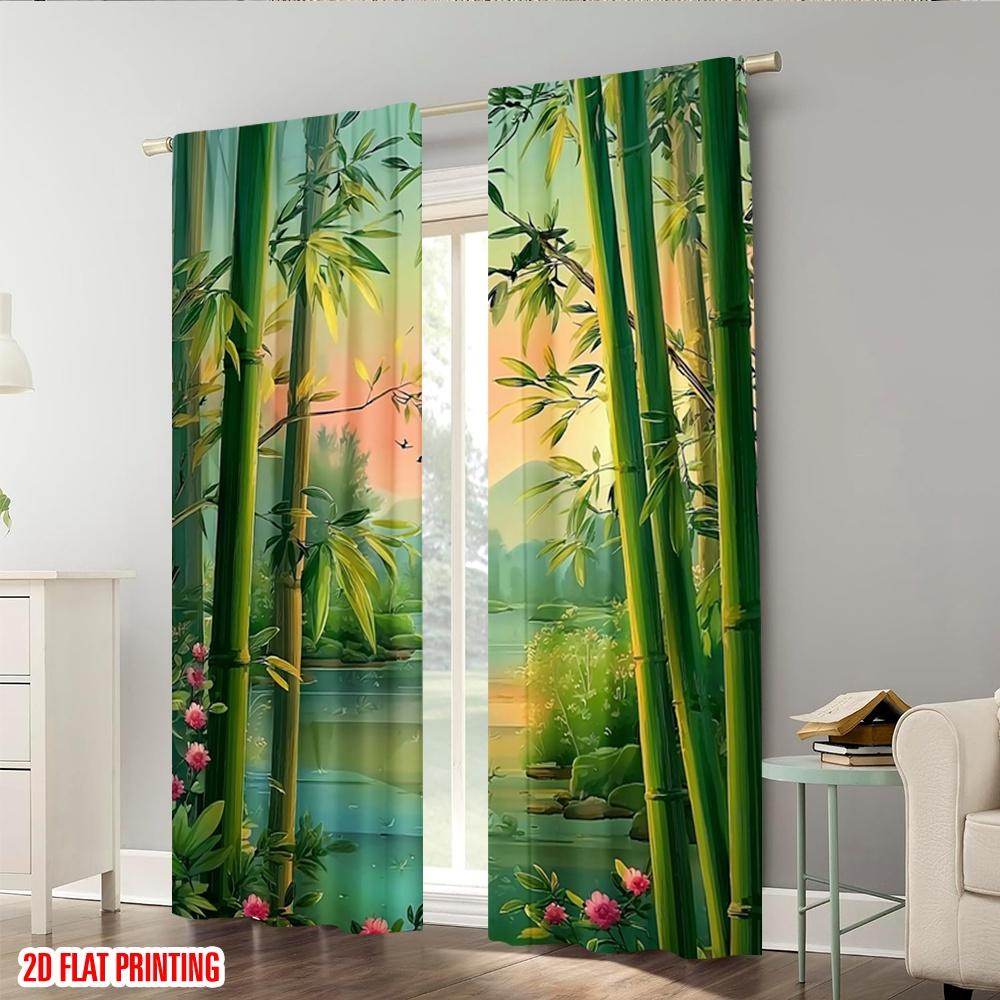 Flat Printing Curtains Chinese Polyester Lotus Landscape Natural Scenery Without Electricity Festive Wall Decor Set Of 2 Made