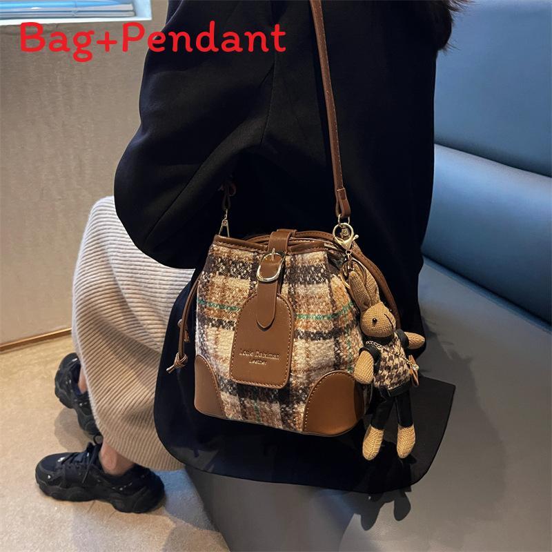 Crossborder Style Wool Blend Bucket Bag With Drawstring Closure For Daily Use