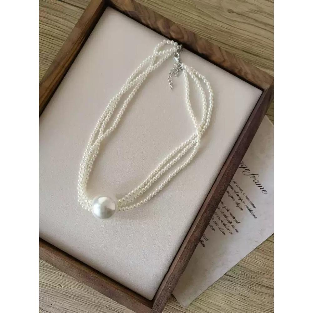 Old Money Aesthetic Multi-Strand Glass Pearl Necklace Oversized Pearls Collarbone Chain Minimalist Layering Jewelry