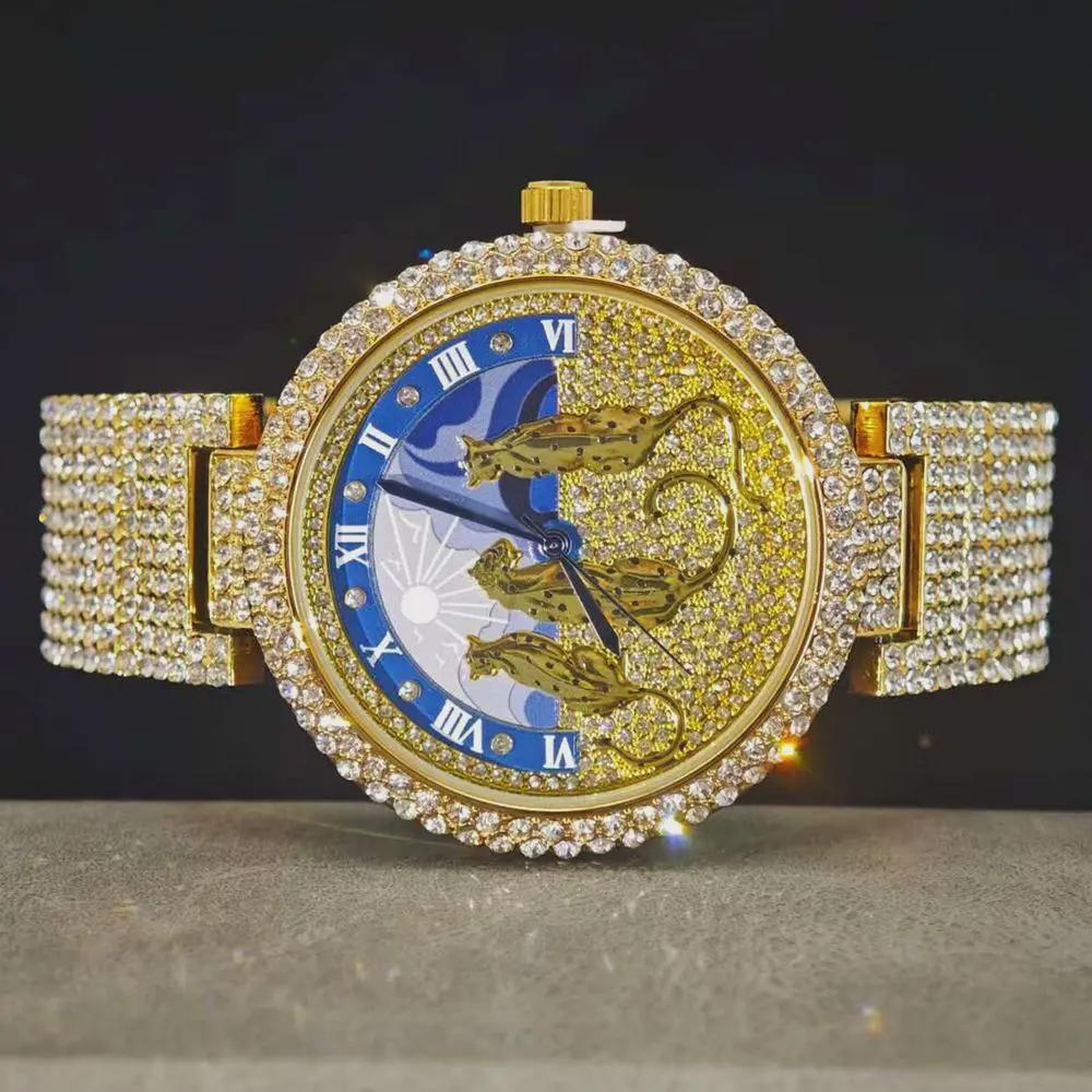 Golden Iced Brilliant Watches Men Luxury Steel Quartz Watch Fashion Leopard Hip Hop Diamond Wrist Watch Man Reloj Hombre