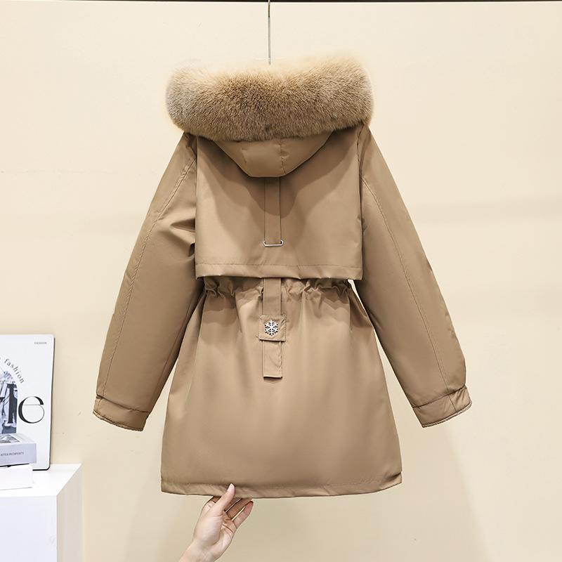 Daunenjacke mit Fleece-Futter und Kapuze, Wintermantel für Damen, warm, gepolstert, Parkas mit Kordelzug, koreanische Casual Streetwear, Puffer-Oberbekleidung für Damen