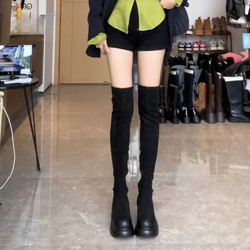 American knee boots women's autumn thin thick heel thick sole elastic thin long boots small high heel thin boots ins