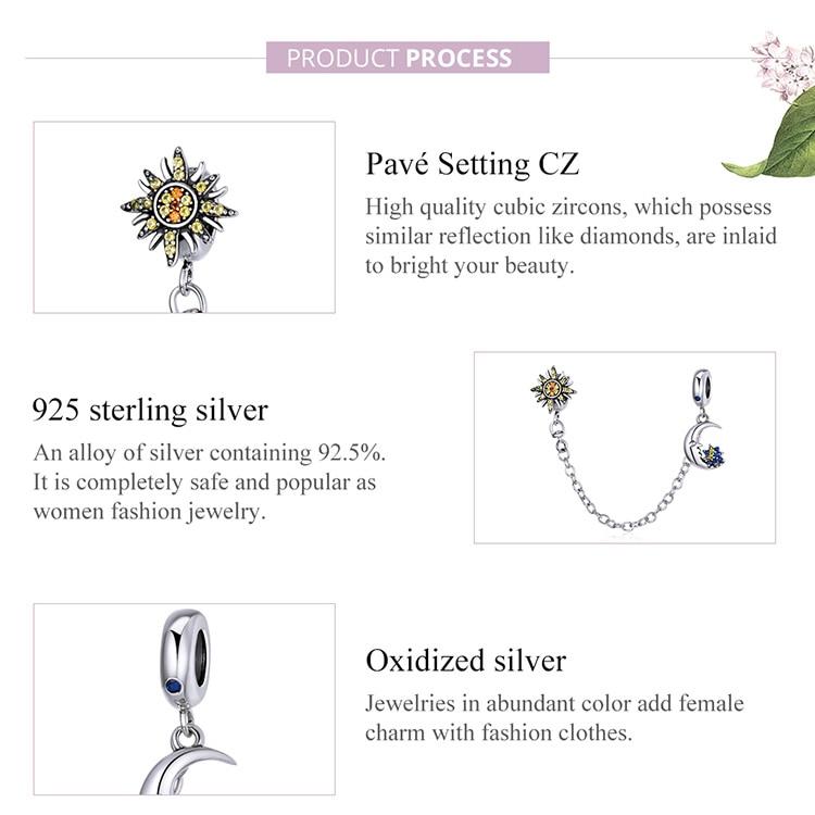WOSTU The Whole Universe 925 Sterling Silver Round Safety Chain Sun Moon Stopper Charm Fit Bracelets DIY Jewelry