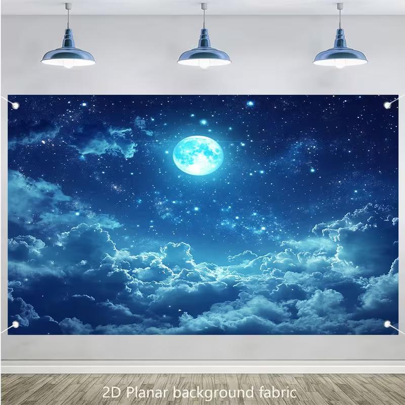 Dreamy Moonlit Sky Tapestry, Aesthetic Blue Full Moon with Starry Galaxy 47.2x31.5inch/120*80cm