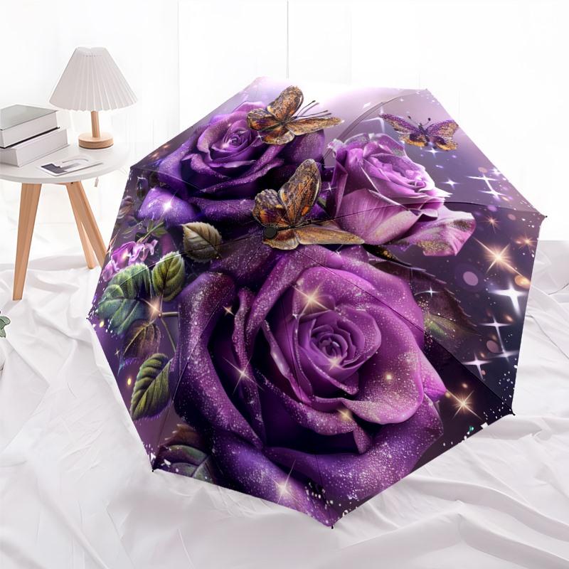 

Purple Roses & Butterflies Automatic Open/Close Umbrella with 8-Rib Windproof Design, Elegant Floral & Print, Purple & Golden (as the picture,Iron&8K)