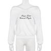 Damen Retro Kleinbuchstaben Bedruckt Einseitig Schulterfrei Sexy Langarm Tops Locker Vielseitig Lässiger Stil Pullover T-Shirt