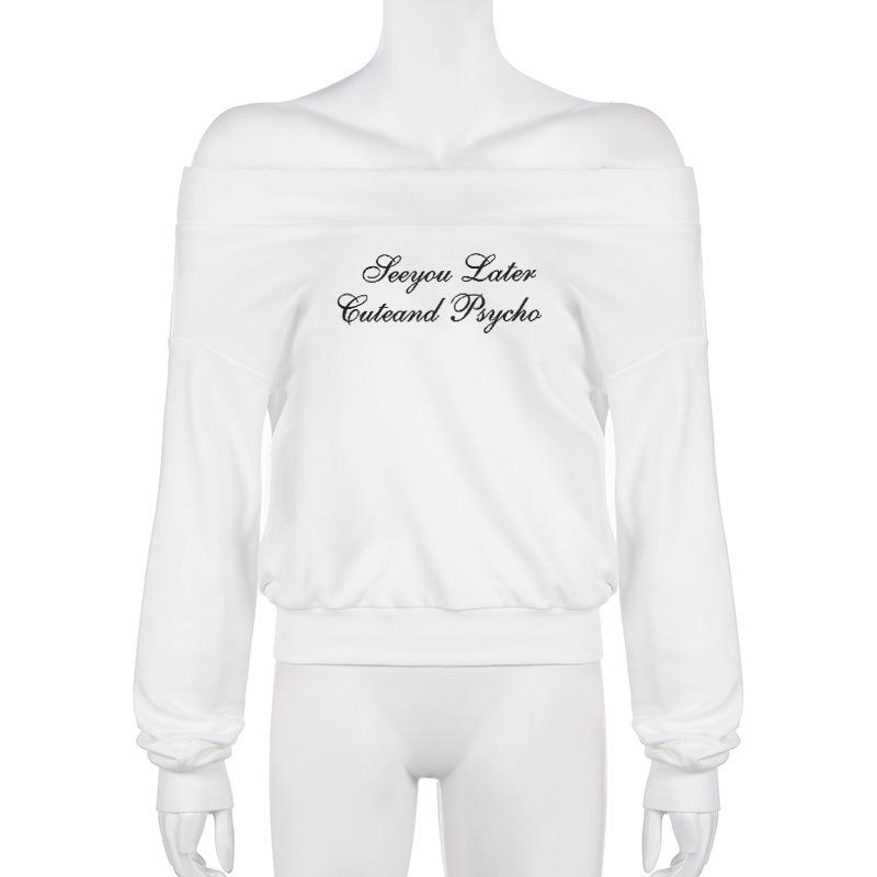 Women's Retro Small Letters Printed One-shoulder Sexy Long-sleeved Tops Loose Versatile Lazy Style Sweater T-shirt