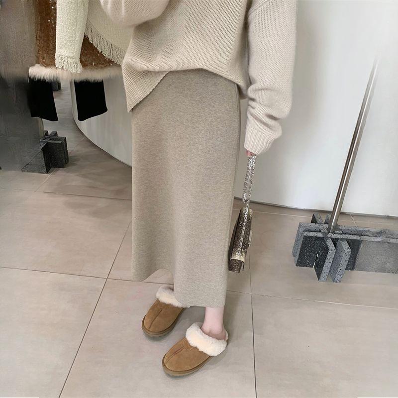 Slim-Fitting Women's French Style Elegant Knitted Midi Skirt Autumn Winter Non-Slit Bodycon A-Line Pencil Skirt