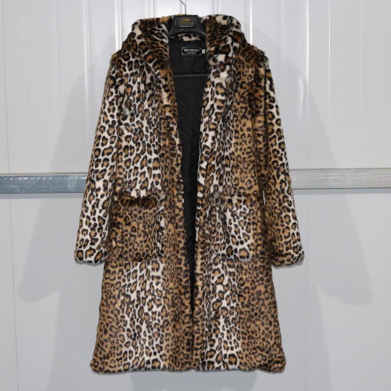 Leopard print imitation fur coat women's new winter long hooded mink coat women's thickened plush coat to keep warm