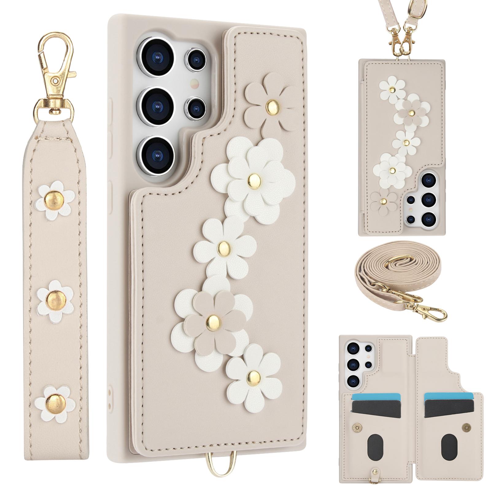 

SY-001 For Samsung Galaxy S24 Ultra Case Kickstand Leather+TPU Crossbody Phone Cover Beige