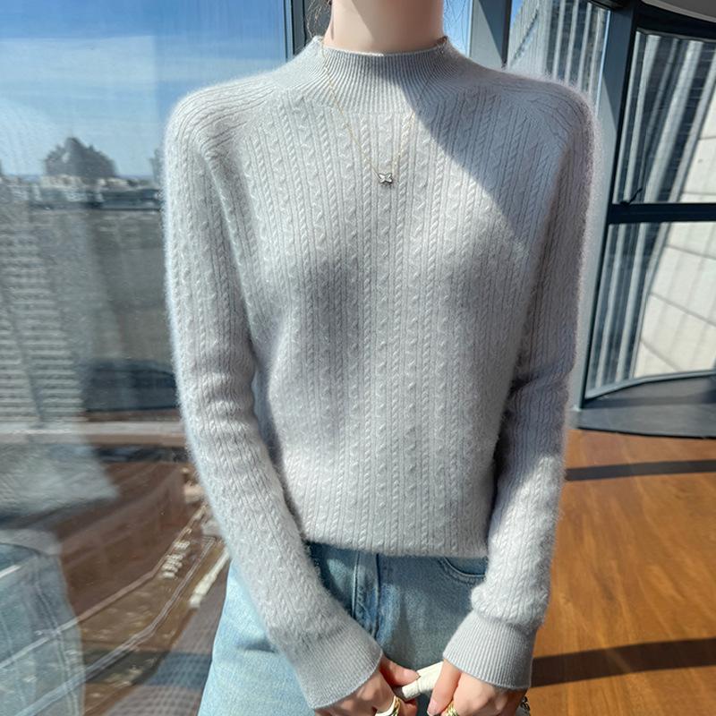 Women's 100% Wool Half-High Collar Cable Knit Pullover Sweater