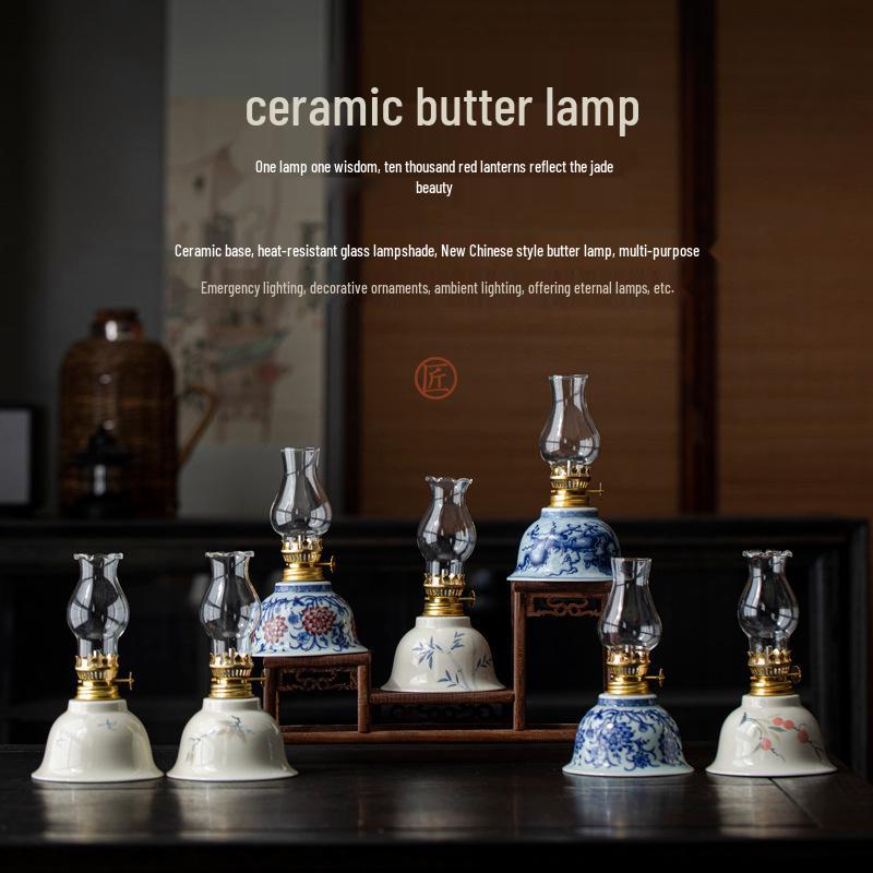 Retro Chinese Ceramic Kerosene Butter Lamp - Nostalgic Indoor Decor