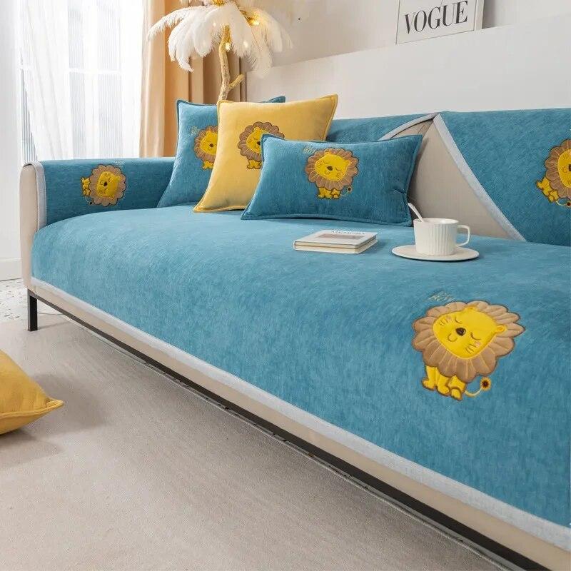 Luxury Jacquard L Shape Sofa Cushion Cover Non Slip Lion Print Slipcover for Chaise Corner Furniture