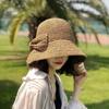 100% Raffia Bow Sun Hat Wide Brim Floppy Hats Women Beach Panama Straw Dome Bucket Hat