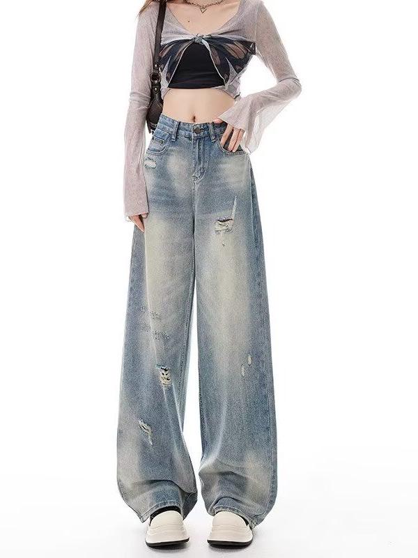 Women's High Waist Retro Ripped Jeans, 2024 Autumn/Winter Collection - Loose, Slimming Straight Wide-Leg Floor-Length Pants