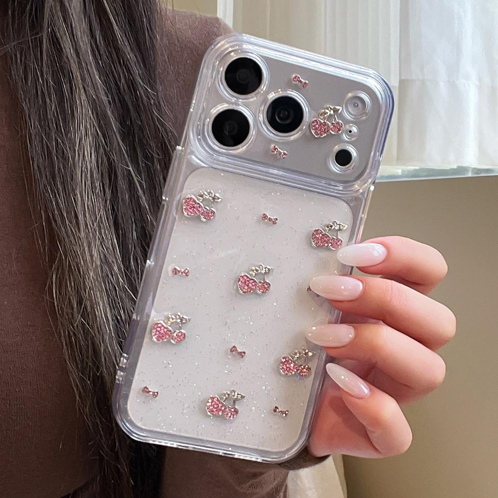 Cute 3D Diamond Cherry Phone Case For iPhone 17 16 15 14 13 12 11 Pro Max Soft Shockproof Cover Epoxy Glitter Shell