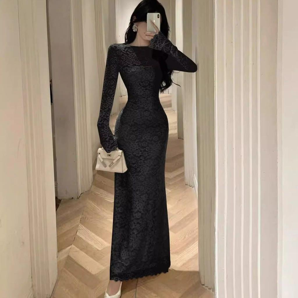 French Lace Long Sleeved Dress for Autumn Winter with a Slim Fit Waist Cinching Slimming Effect Fish Tail Wrapped Long Skirt