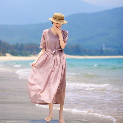 Frau Herbst Kurzarm Kleid Vintage Einfarbig Lose Chinesischen Stil V-ausschnitt Kleid