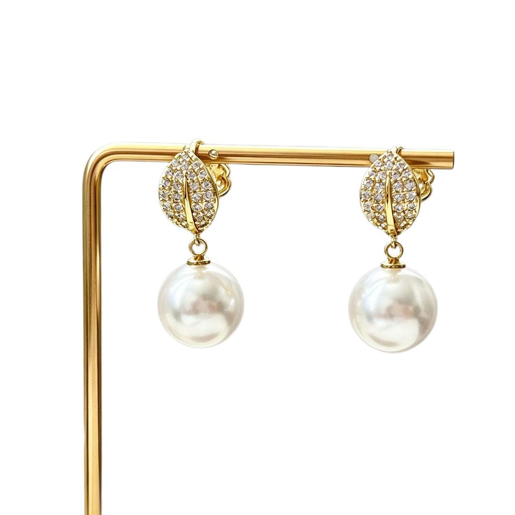 Elegant Pearl & Zirconia Leaf Drop Earrings - High-End Design Golden Studs for Women
