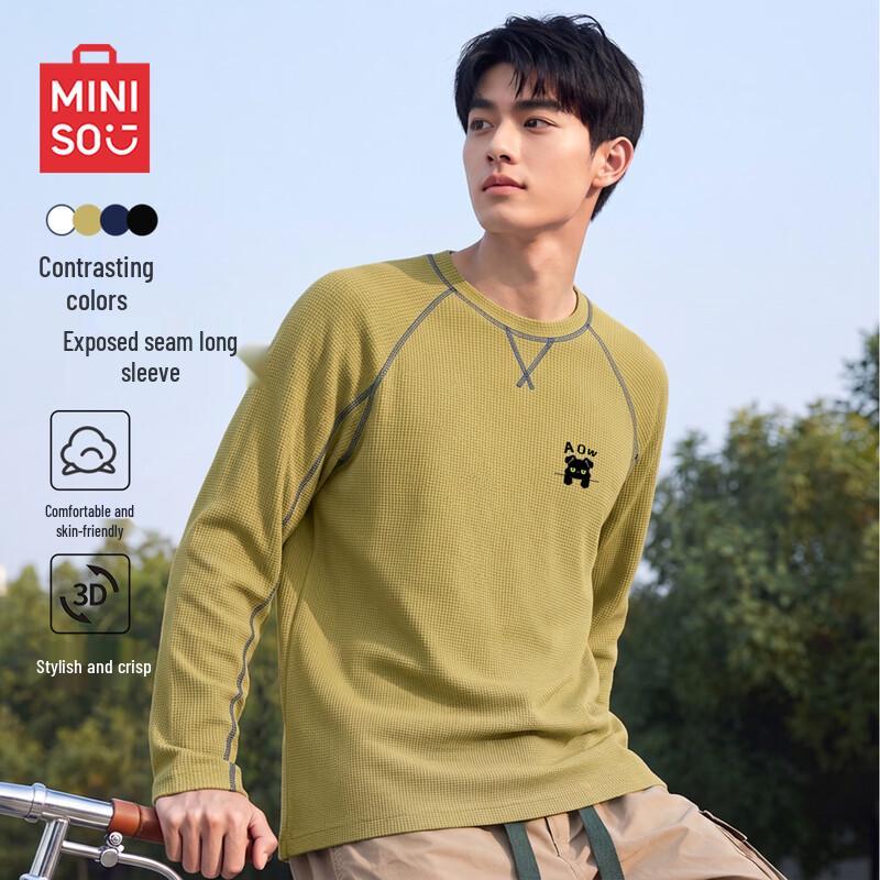 MINISO Tricou bărbătesc cu mânecă lungă, gât rotund, cu imprimeu