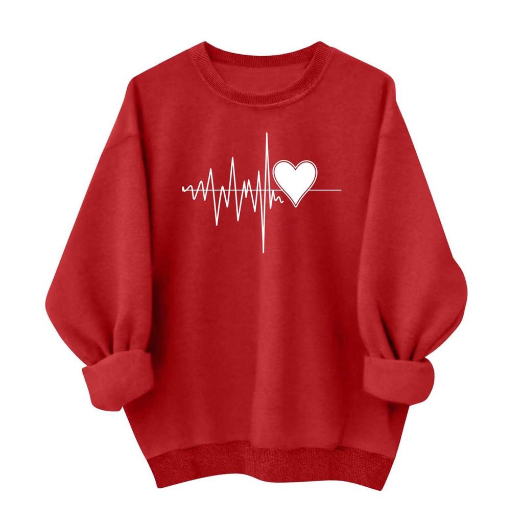 Ladies' Casual And Fashionable Round Neck Top With Valentines Print Hooded T,shirt Long Sleeved Sweatshirt