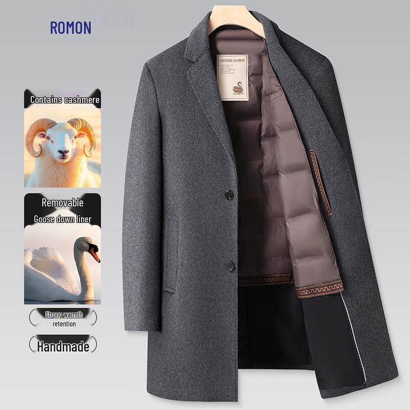 Romon Men's Cashmere Blend Wool Overcoat with Detachable Down Liner