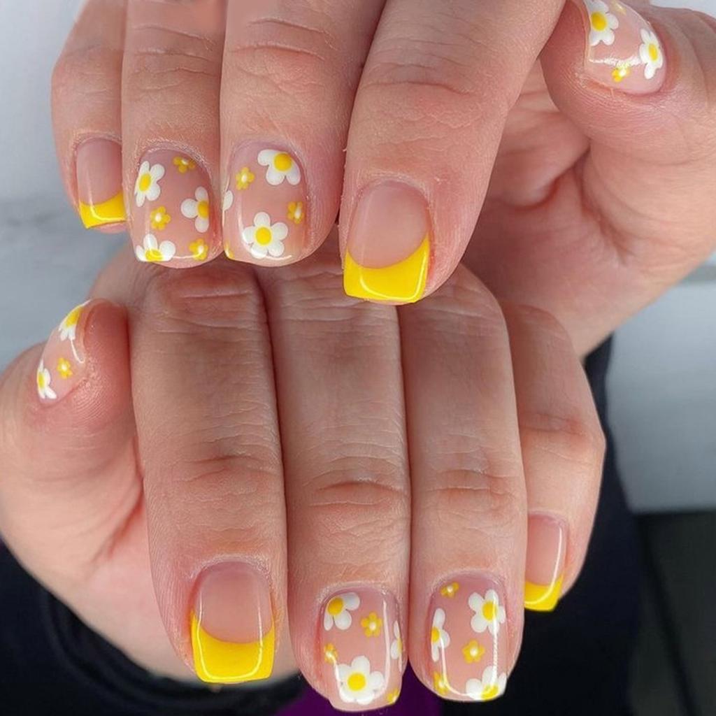 24 Stück Gelbe French Tip Aufklebenagel Kurz Quadratisch Falscher Nagel Blumen Acrylnagel Schlicht Vollständige Abdeckung Aufklebenagel