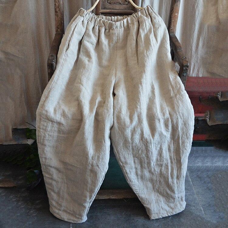 Johnature Women Winter Wide Leg Pants Cotton Linen Warm Trouser Solid Color Elastic Waist Pockets Vintage Female Pants