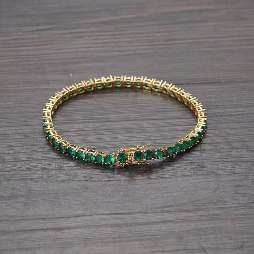 4mm Green Zircon Tennis Bracelet, Copper Inlaid Single Row, Trendy European American Brand Accessory. 6-inch Bracelet