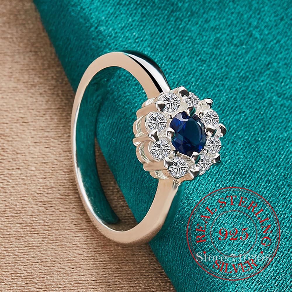 925 Sterling Silver Round Bule AAA Zircon Ring For Women Man Fashion Wedding Engagement Party Charm Jewelry