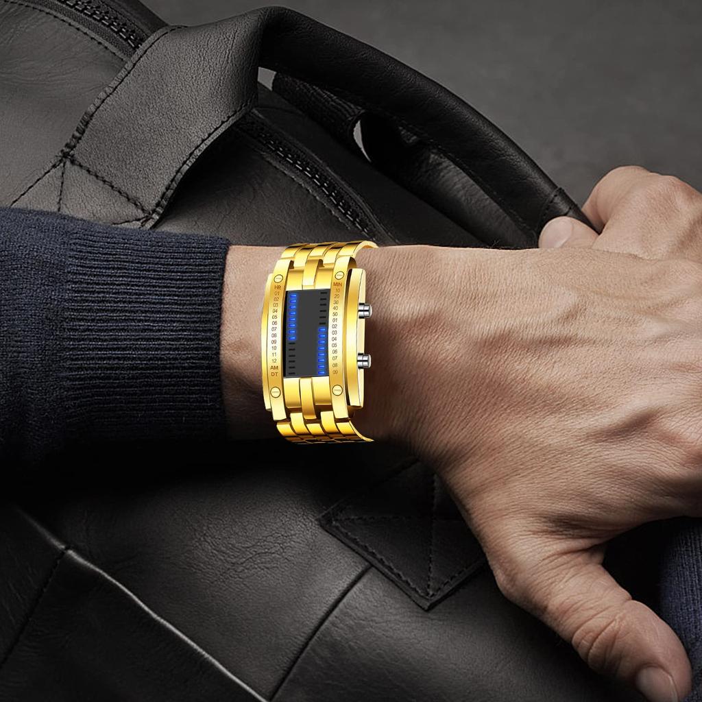 FANMIS Creative Binary Matrix Blue LED Digital Watch Fashion Classic Black Plated Waterproof LED Backlit Bracelet Men's Watch, Gold, Digital.