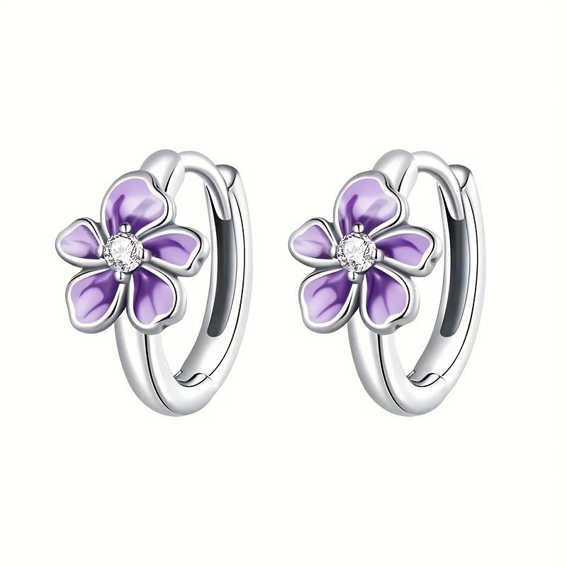 Purple Flower Geometric Women's Earrings with Elegant Temperament Suitable for Girls' Daily Wear Birthday Party Zircon Gifts