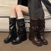 In Autumn and Winter 2025, the New Thick Sole Will Increase by 6cm~ Fashionable Belt Buckle Square Round Head Pleated Medium Tube Knight Boots Women