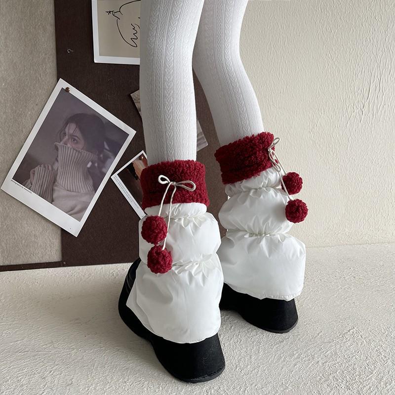 Womens Winter Fleece-Lined Knit Leg Warmers With Lace Trim Pom Poms Mid-Calf Stylish Socks Teens Adults