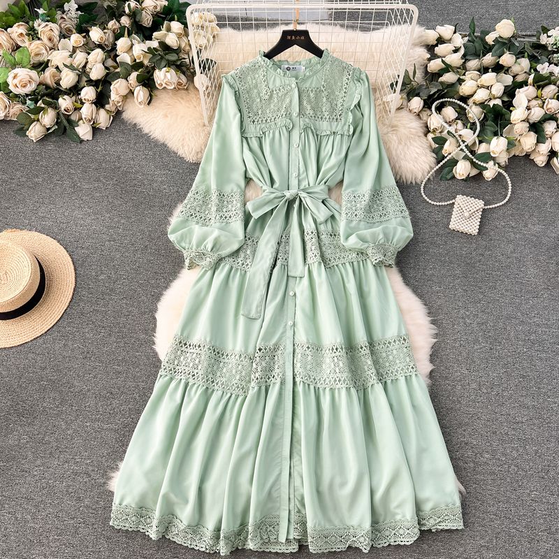 

Ruffled Collar Silm Long Hollow Dress Breasted Light green 2XL