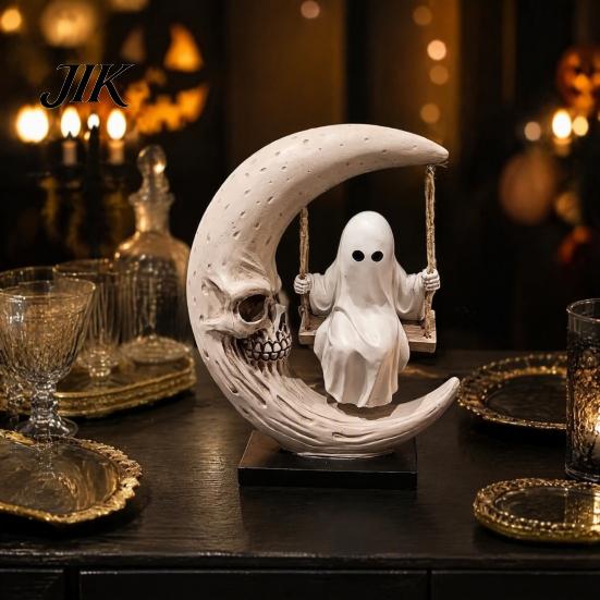 Personalized Birthday Present Halloween Ghost Swing Figurine, Spooky On A Moon Statue, Niche Home Accents Resin Gothic Decoration for Desktop, Mantel,