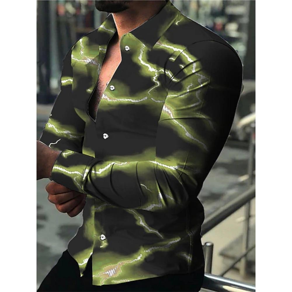 Trendy Men's Fluid Blending Lightning Print Long Sleeve Shirt Elastic Lightweight Spread Collar Shirt Casual Daily Wear Shirt